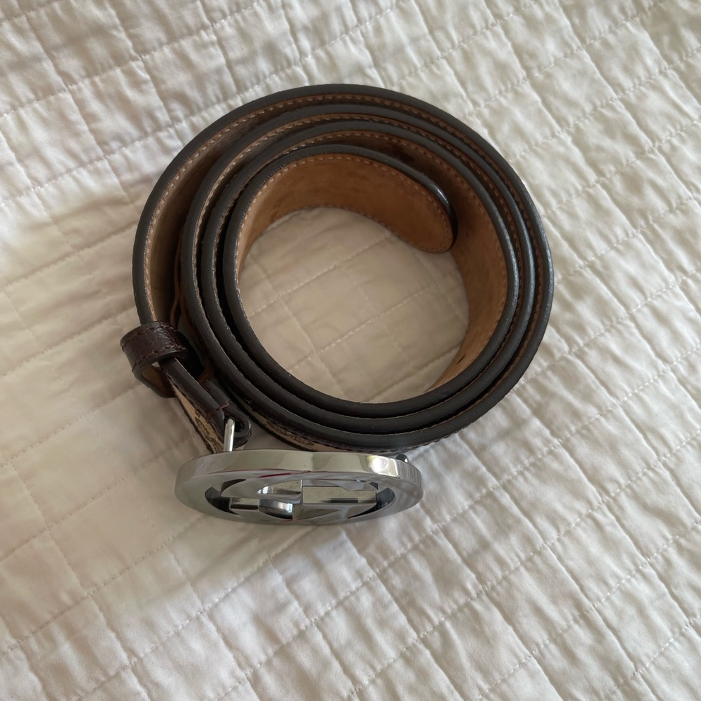 ❌SOLD❌💯Authentic Gucci Canvas Leather Silver Interlocking Buckle belt size 38 - Picture 4 of 15